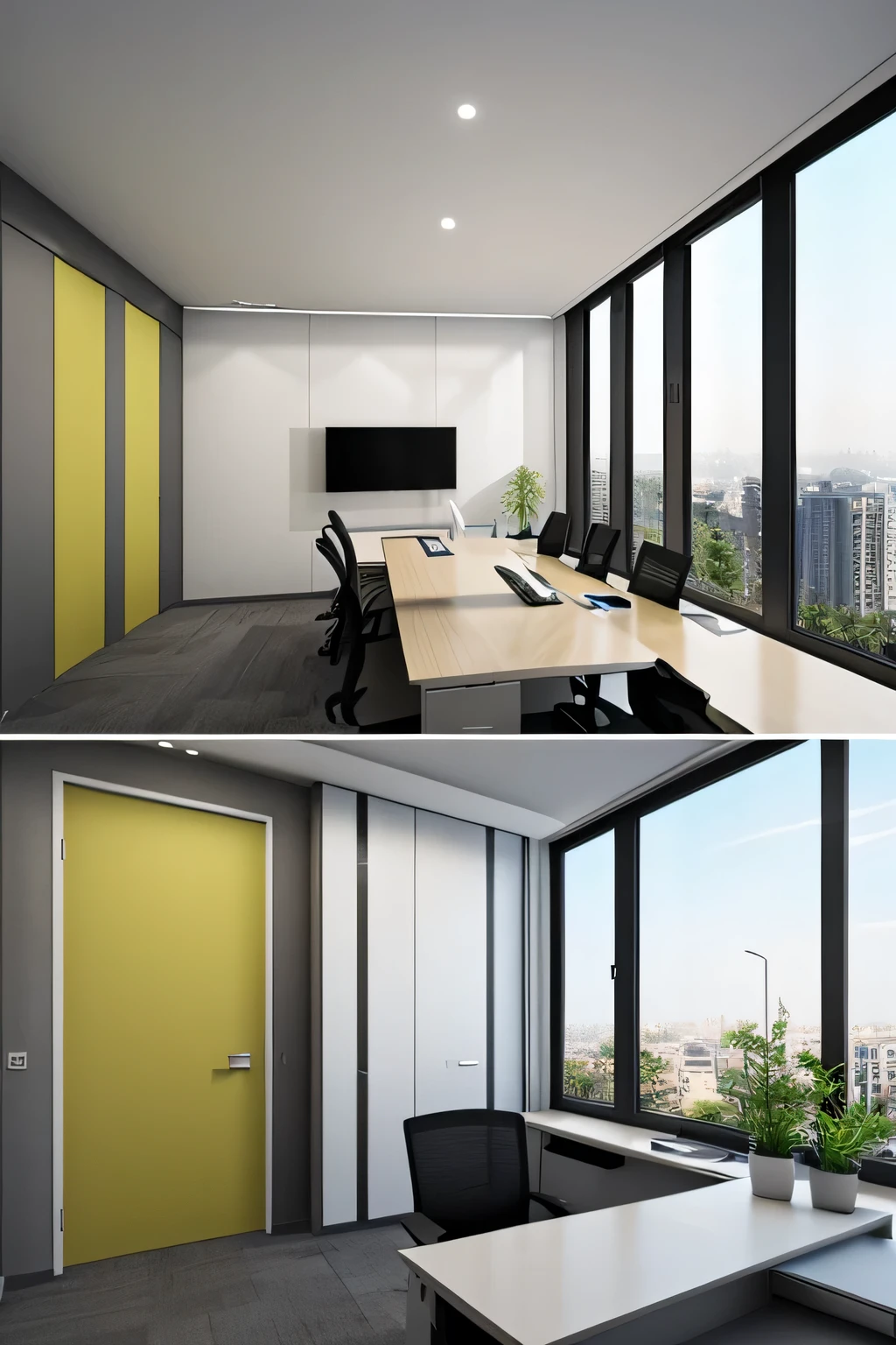 Professional 3d architecture rendering design of modern and minimal architecture office design with art and artichoke color 