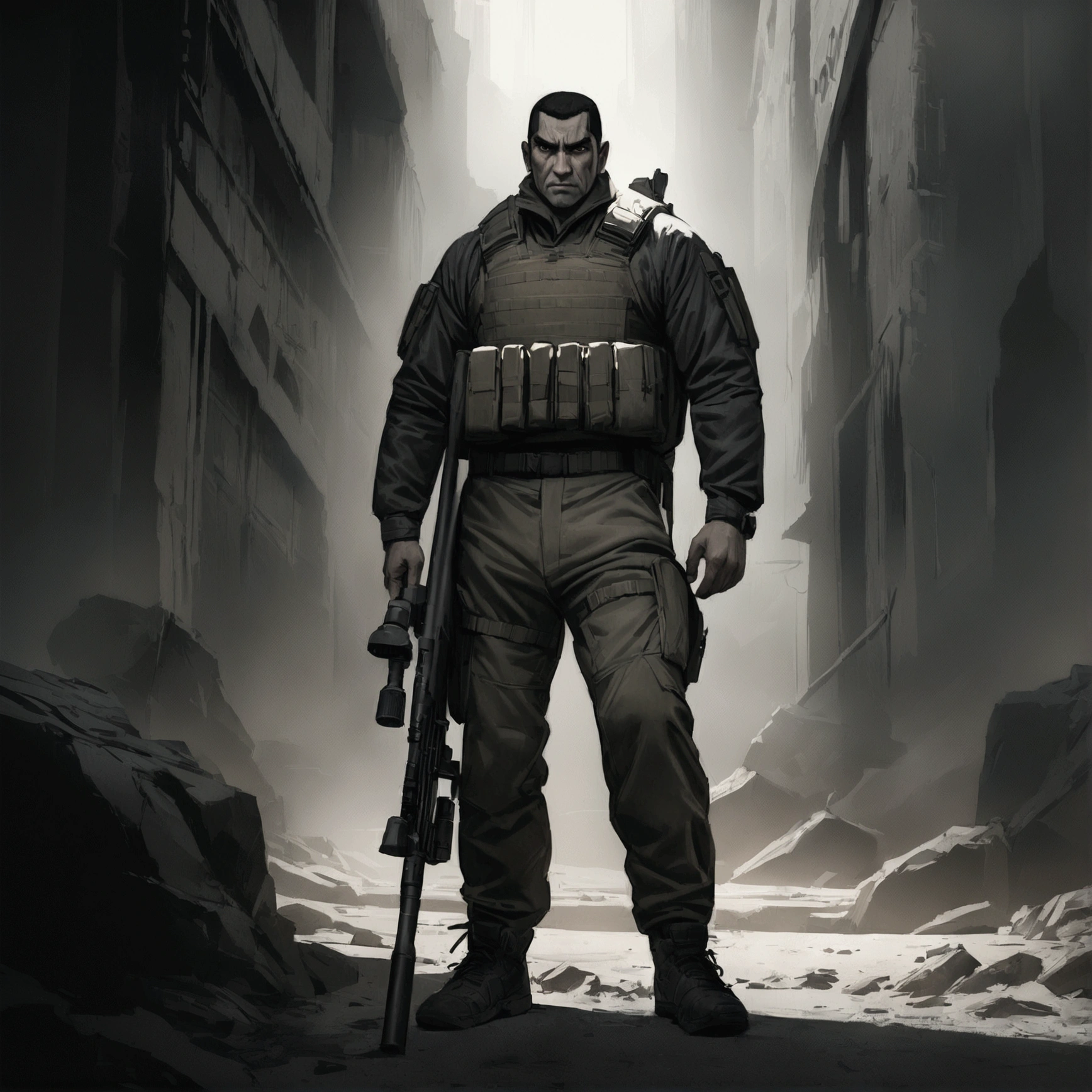 a highly detailed portrait of Golgo 13 holding a sniper rifle, hyper realistic, extremely detailed facial features and expression, intense gaze, tactical military gear, realistic weapon details, dramatic lighting, cinematic composition, muted color palette, gritty and grungy atmosphere, masterpiece, 8k, ultra-detailed