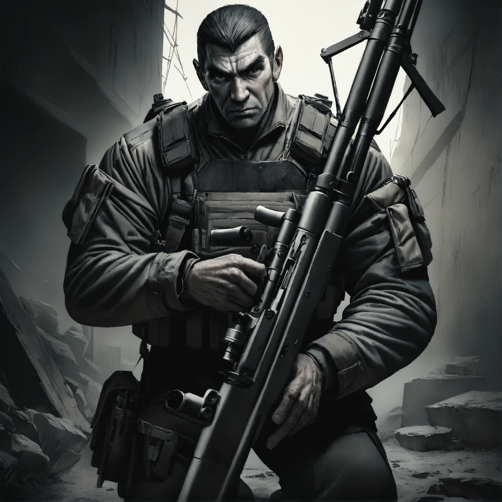a highly detailed portrait of Golgo 13 holding a sniper rifle, hyper realistic, extremely detailed facial features and expression, intense gaze, tactical military gear, realistic weapon details, dramatic lighting, cinematic composition, muted color palette, gritty and grungy atmosphere, masterpiece, 8k, ultra-detailed