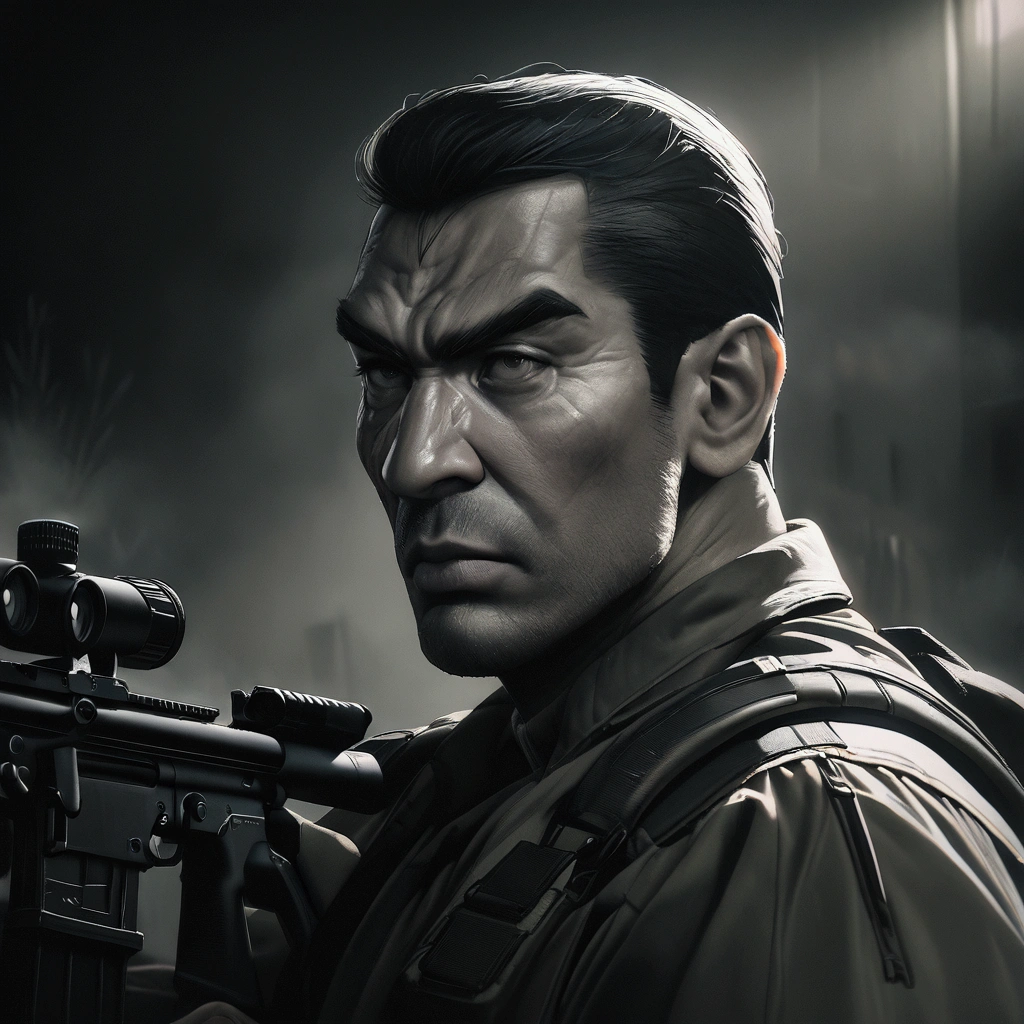 a highly detailed portrait of Golgo 13 holding a sniper rifle, hyper realistic, extremely detailed facial features and expression, intense gaze, tactical military gear, realistic weapon details, dramatic lighting, cinematic composition, muted color palette, gritty and grungy atmosphere, masterpiece, 8k, ultra-detailed