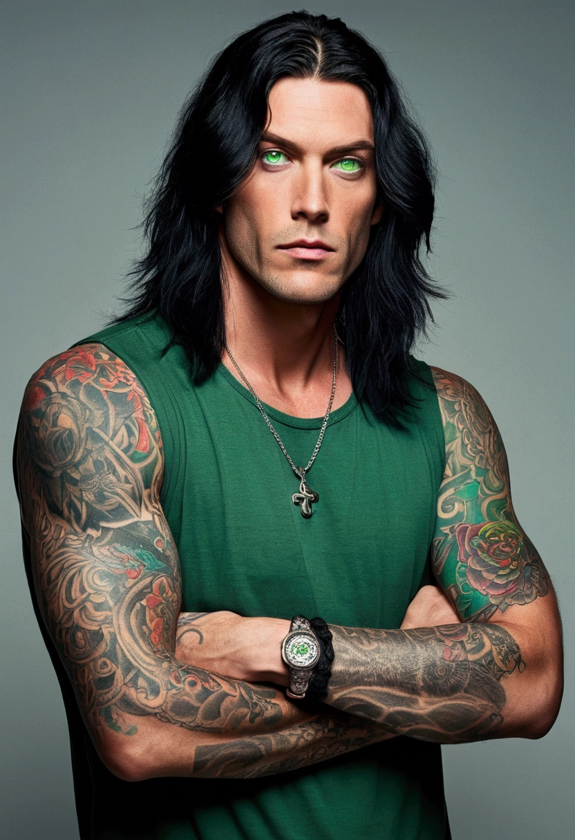 a tall man with a stocky but not exaggerated build with long black hair almost reaching his waist with neon green eyes that seem to shine and tattoos on his arms dressed casually