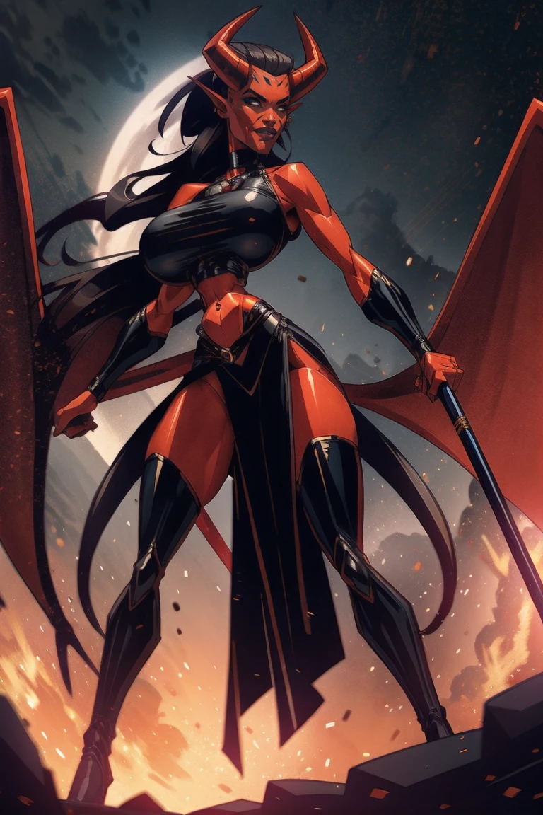Red skin succubus tiefling, digitigrade legs, full breasts, huge breasts, black horns, wings, huge tail, black leather, crop top, long flowing pelvic curtain, tall, athletic, graceful, thin, long black ponytail. Action scene, whip. Dark scene, explosions, night sky.