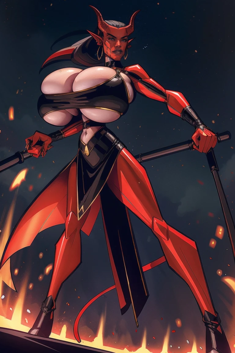 Red skin succubus tiefling, digitigrade legs, full breasts, huge breasts, black horns, wings, huge tail, black leather, crop top, long flowing pelvic curtain, tall, athletic, graceful, thin, long black ponytail. Action scene, whip. Dark scene, explosions, night sky.