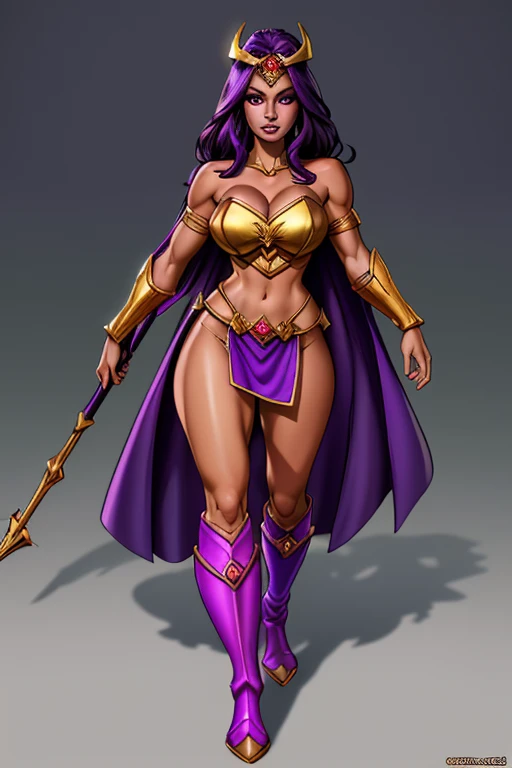 League of Legends character, Sorceress, 28 years old, dark skin, dark skinned female, long purple hair, purple eyes, purple lips, purple eyeliner, covered in tattoos, medium breasts, (holding a golden staff), (Wearing: golden headpiece, purple strapless top, loincloth, purple cape, golden armlets, golden boots:1.2). Whole body, Casual pose, Beautiful pose, (Extremely detailed CG 8k wallpaper), (Extremely delicate and beautiful), (Masterpiece), (Best quality: 1.0), (Ultra-high resolution: 1.0), Beautiful lighting, Perfect lighting, Realistic shadows, [high resolution], Detailed skin, Super detailed (((Colorful))), Digital art, League of Legends concept art, full body concept art, Expert concept art with high detail, concept-art, rpg game concept art, concept-art, Vonka Xu style, Video game concept art, 4K, full body portrait
