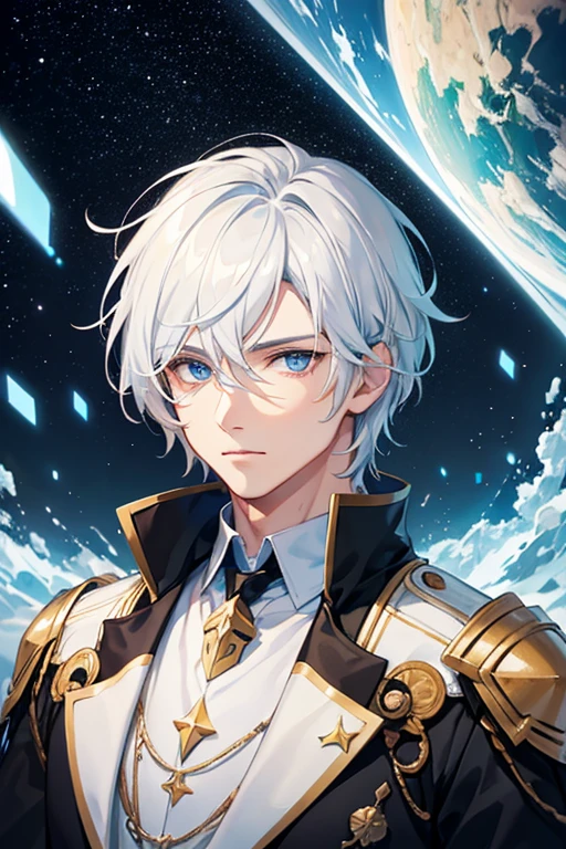 A close up of a man with white hair, blue eyes, behind him are stars and a floating island city