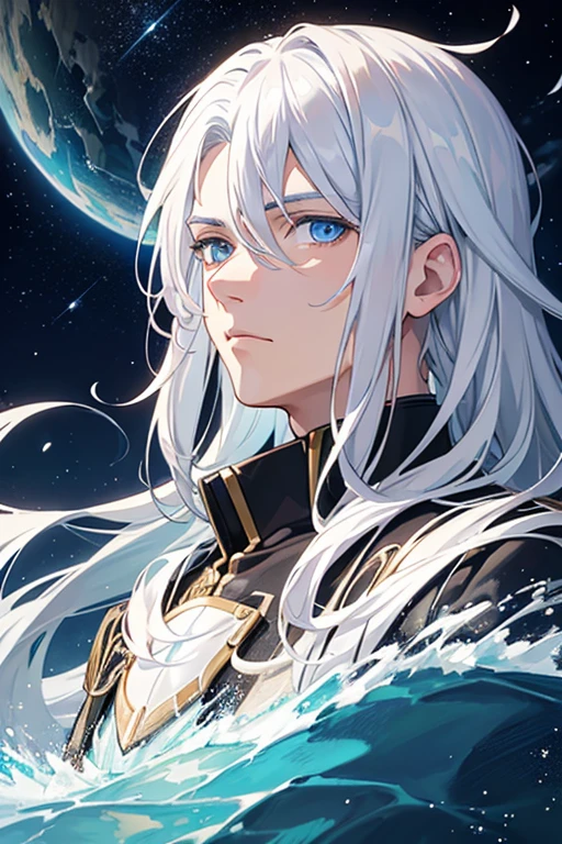 A close up of a man with white hair, blue eyes, behind him are stars and a floating island city