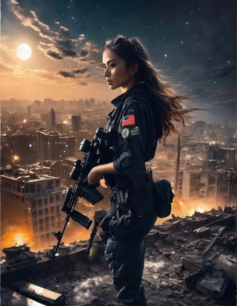 Highest quality, Highest quality, 16K, Unbelievably absurd, Very detailed, delicate and dynamic, Natural light, The particles reflect light, Diffuse reflection of light, Vortex of Light, war zone, bombs blusting around, dark outfield, ruined big city, roof top of ruined building, moon night, milky way, illumination, Create amazing image effects, Upper body close-up, (sole sexy girl, big Firm bust, , powerful, A professional sniper,, shooting a target with M16 auto rifle, swat uniform,)