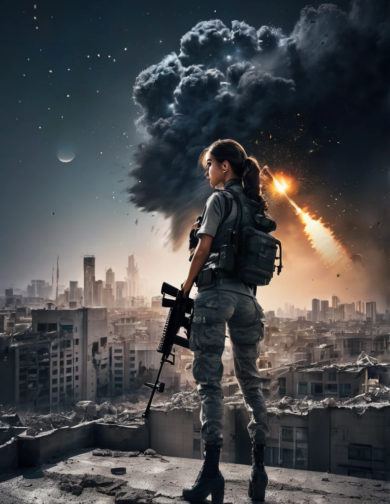 Highest quality, Highest quality, 16K, Unbelievably absurd, Very detailed, delicate and dynamic, Natural light, The particles reflect light, Diffuse reflection of light, Vortex of Light, war zone, bombs blusting around, dark outfield, ruined big city, roof top of ruined building, moon night, milky way, illumination, Create amazing image effects, Upper body close-up, (sole sexy girl, big Firm bust, , powerful, A professional sniper,, shooting a target with M16 auto rifle, swat uniform,)
