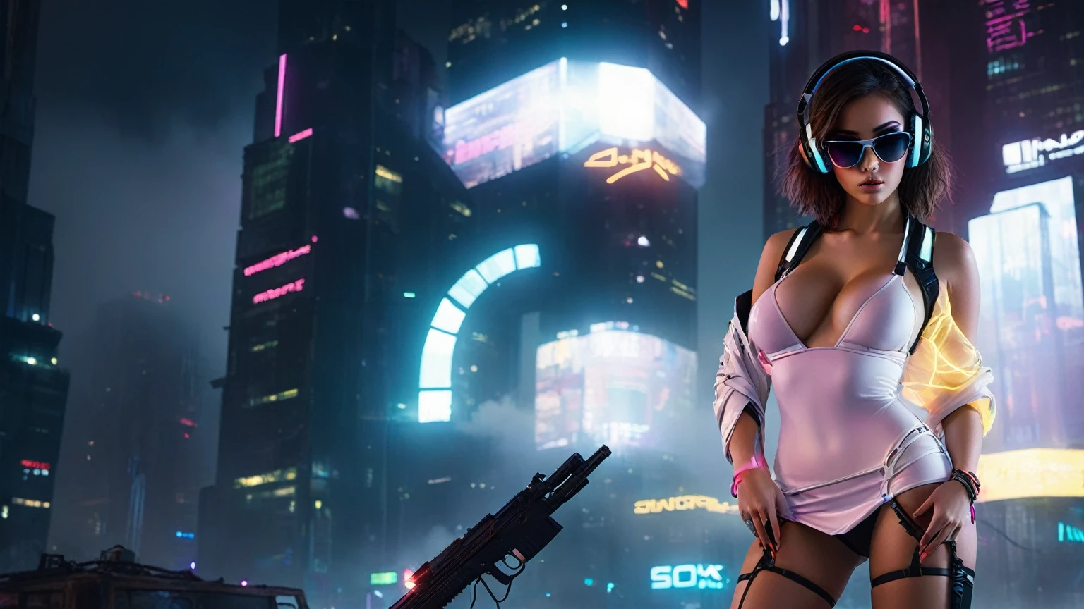 dark futuristic landscape, at night, neon lights, Atmospheric fog, large buildings in the background, futuristic city, streets with open shops, skyscraper (postapocalyptic city:1.3). (((1girl, solo, alone))), large-breast:1.2 slim body, cleavage:1.1, sexy miniskirt, (((headphone, black sunglasses, standing and holding pistol pose))), (((half-body thigh level medium shot))), cinematic lighting, lens flare, ray tracing.