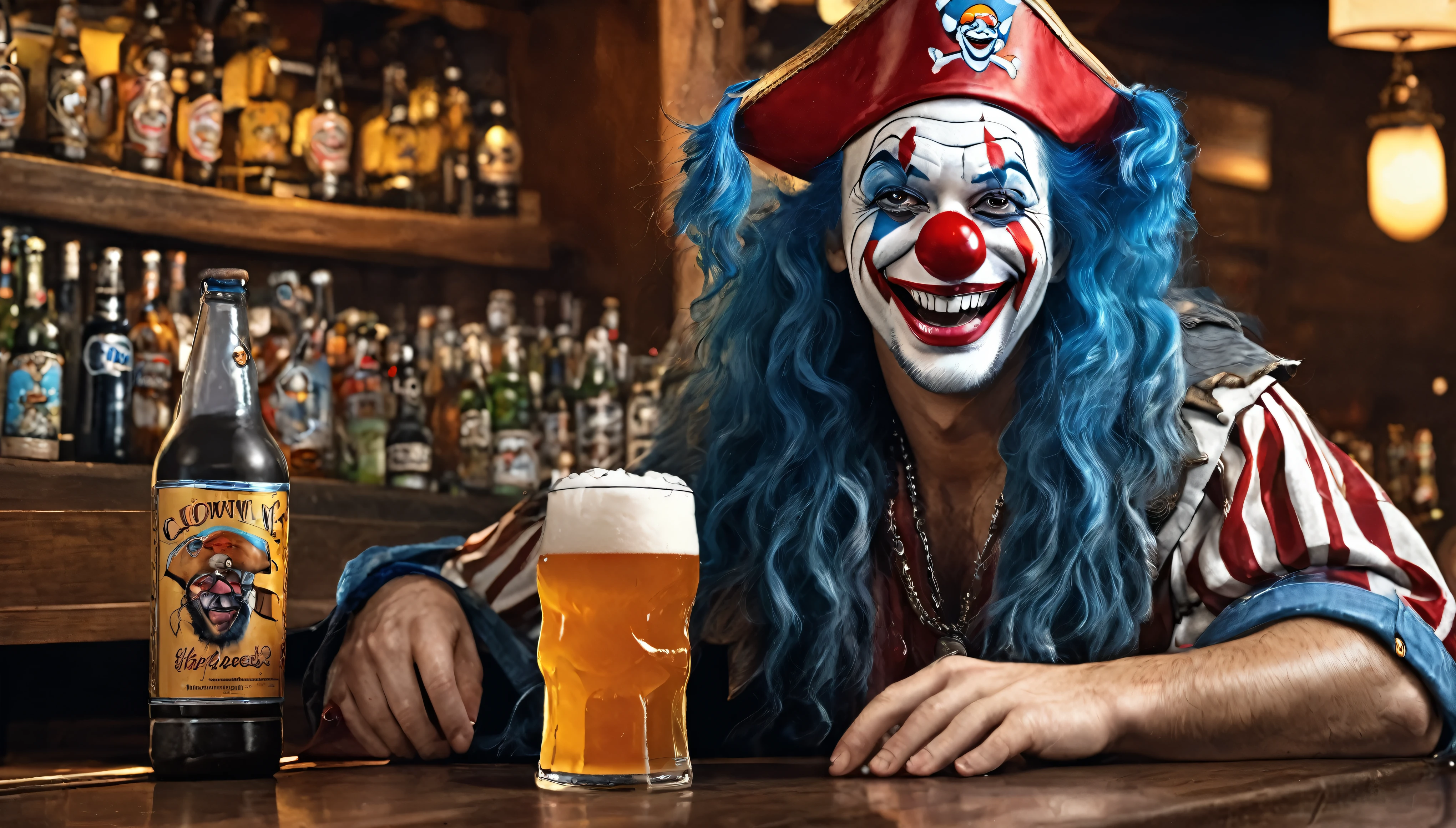masterpiece, best quality, extremely detailed, hyperrealistic, photorealistic, a cool 40s man, ultra detailed face:1.2, clown makeup:1.1, white skin, red nose:1.1, long blue hair, red pirate hat, detailed bar, bar counter, sitting a seat, laughing, holding beers