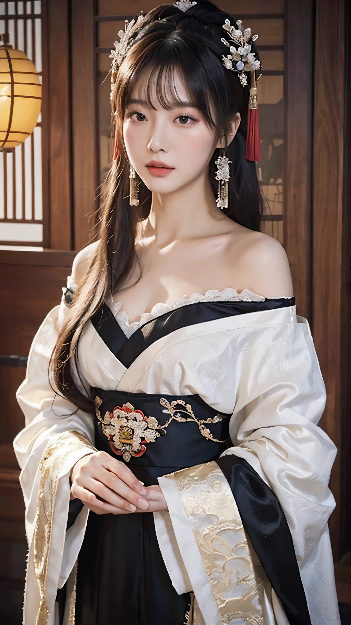 source_photo, realistic, nsfw, ruanyi0766, A portrait of a graceful Chinese maiden clad in an elegant Hanfu from the Northern and Southern Dynasties. The Hanfu's black dress boasts an off-shoulder neckline and flowing wide sleeves, complemented by exquisite jewelry. The backdrop showcases a picturesque ancient Chinese landscape.