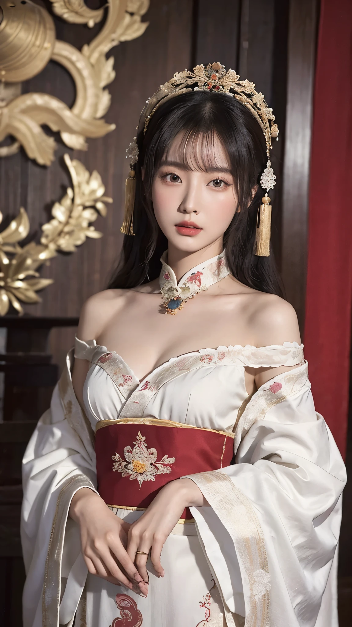source_photo, realistic, nsfw, ruanyi0766, A portrait of a graceful Chinese maiden clad in an elegant Hanfu from the Northern and Southern Dynasties. The Hanfu's black dress boasts an off-shoulder neckline and flowing wide sleeves, complemented by exquisite jewelry. The backdrop showcases a picturesque ancient Chinese landscape.