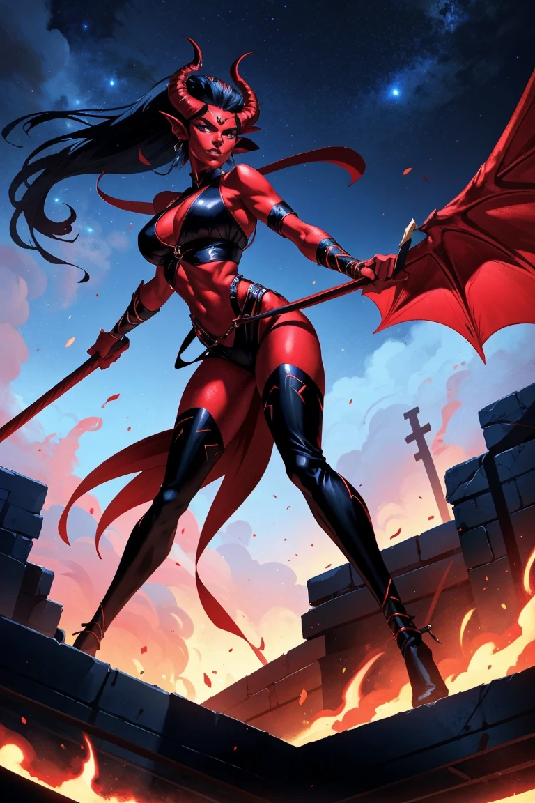 Red skin succubus tiefling, digitigrade legs, full breasts, huge breasts, black horns, wings, huge tail, black leather, crop top, long flowing pelvic curtain, tall, athletic, graceful, thin, long black ponytail. Action scene, whip. Dark scene, explosions, night sky.
