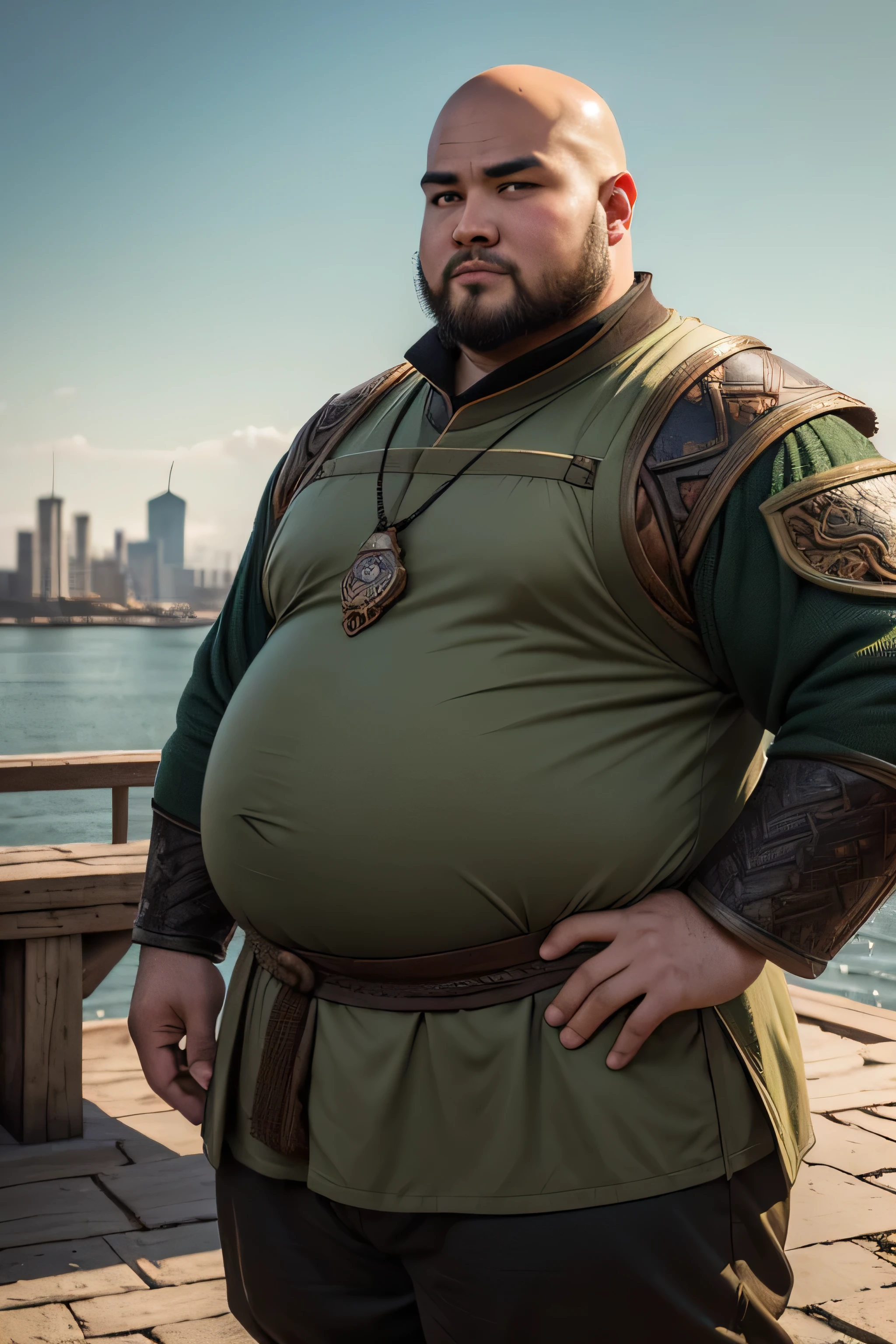 (8K, high definition, high quality, highly detailed) Handsome bald Chinese chub. obese. big tummy. wearing a hunter gear. medieval style. d & d style. green and brown color palette. standing on a high tower. seaport and market on the background below. blurred background. late afternoon.