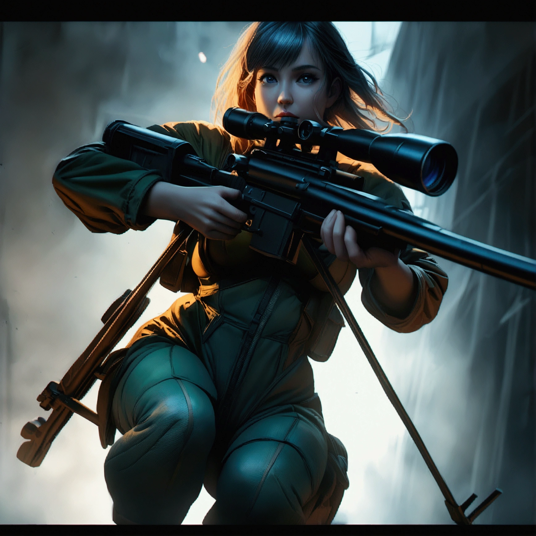 a highly detailed portrait of a busty female sniper holding a sniper rifle, beautiful eyes, detailed facial features, intricate sniper uniform, dramatic lighting, photorealistic, hyper detailed, 4k, cinematic, chiaroscuro lighting, dramatic shadows, moody atmosphere, military aesthetic, cold color tones, full body shot