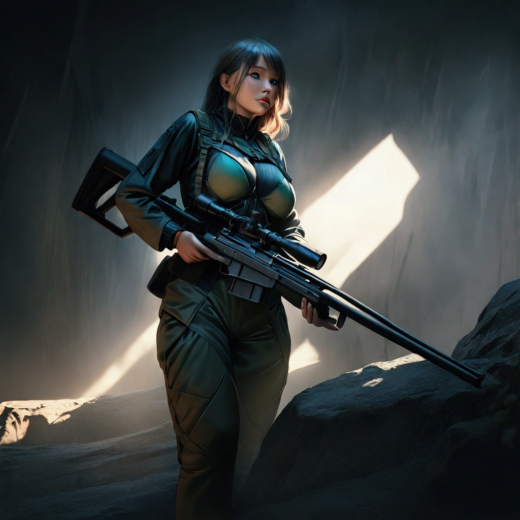 a highly detailed portrait of a busty female sniper holding a sniper rifle, beautiful eyes, detailed facial features, intricate sniper uniform, dramatic lighting, photorealistic, hyper detailed, 4k, cinematic, chiaroscuro lighting, dramatic shadows, moody atmosphere, military aesthetic, cold color tones, full body shot