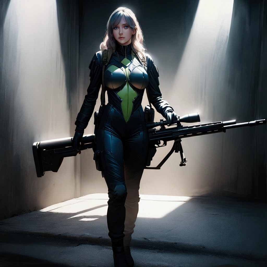 a highly detailed portrait of a busty female sniper holding a sniper rifle, beautiful eyes, detailed facial features, intricate sniper uniform, dramatic lighting, photorealistic, hyper detailed, 4k, cinematic, chiaroscuro lighting, dramatic shadows, moody atmosphere, military aesthetic, cold color tones, full body shot
