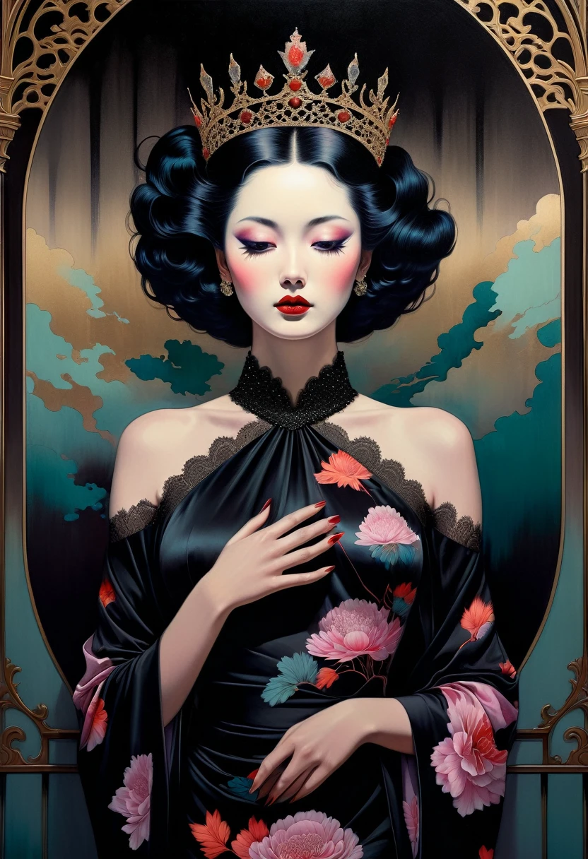 chiaroscuro technique on sensual illustration of an elegant woman, vintage queen, eerie, matte painting, by Hannah Dale, by Harumi Hironaka, extremely soft colors, hint of vibrant, highly detailed, digital artwork, high contrast, dramatic, refined, tonal,