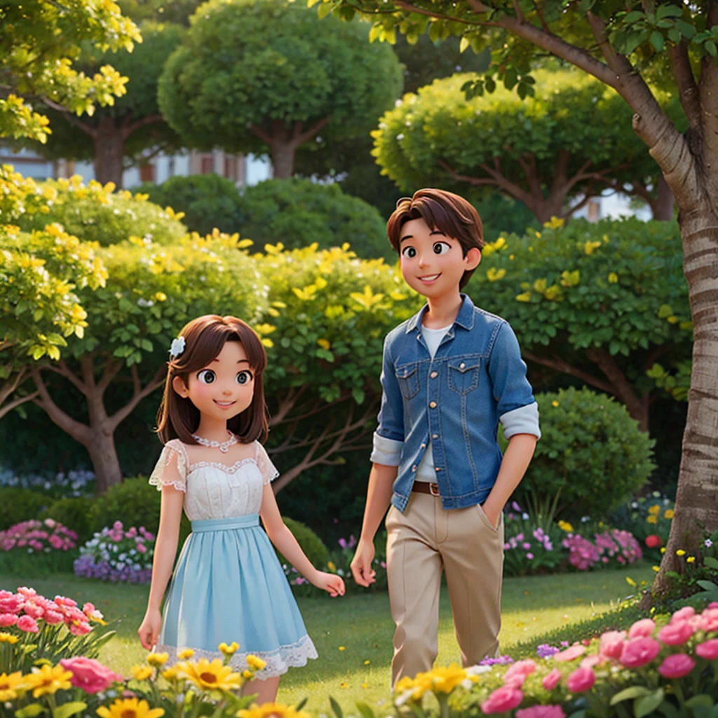 a beautiful girl and a handsome boy in a flower park, smiling