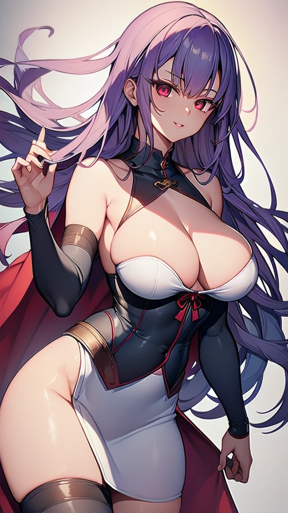 (masterpiece, best quality, ultra-detailed, best shadow), solo girl, light purple hair, red eyes, long hair, medium breasts, sexy body and face, wavy hair, smile, parted lips, red lips, circlet, skirt, bridal gauntlets, jewelry, cape, bare shoulders, sandals, sleeveless dress, red cape, long sleeves, wide sleeves, side slit, white dress, detached sleeves, turtleneck, ribbon, pink dress, fingerless gloves, cafe, sexy pose, cowboy shots, sharp focus, vibrant, creative, dynamic, high definition, high resolution, 8k, (Upscale: R-ESRGAN 4x+ Anime6mage enchance:4x), voluptuous body, cinema lightning, dakimakura style, looking at the viewer,