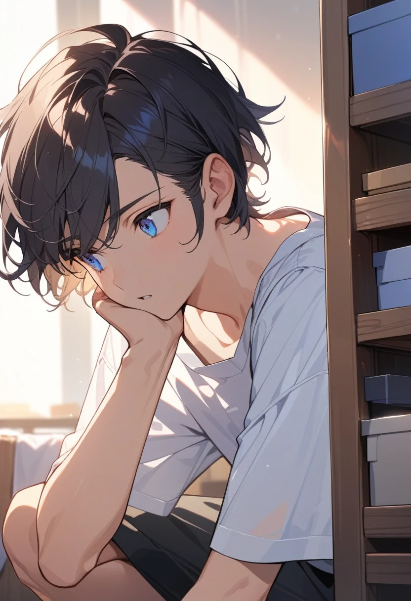 masterpiece, best quality, extremely detailed, ultra detailed, flat anime, 2D,
((1boy)),black hair, (short hair:1.5),blue eyes, height 1.7meters,  (circle eyes:1.2),  (young adult:1.2), Ear-length sideburns,
long Sleeves, White T-shirt, barefoot, 
squatting, looking away, expressionless,open mouth, portrait,from side, close up face,
summer, 12AM, livingroom,organizing the boxes., I'm looking at the material in my hand.