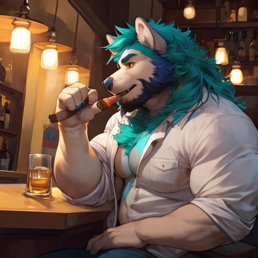 SemiMuscular, thin, male middle aged, anthro Wolf husky, thin beard, flirting, Pejale bluish black and cream color, amber eyes, dynamic light, opened Shirt, thick shirt ,Teal hair and beard, extremely hot and sexy, Daddy figure, hot daddy,In a bar in New Orleans, drinking whiskey, smoking a cigar, by darkgem, by zixiong, by glitter trap boy