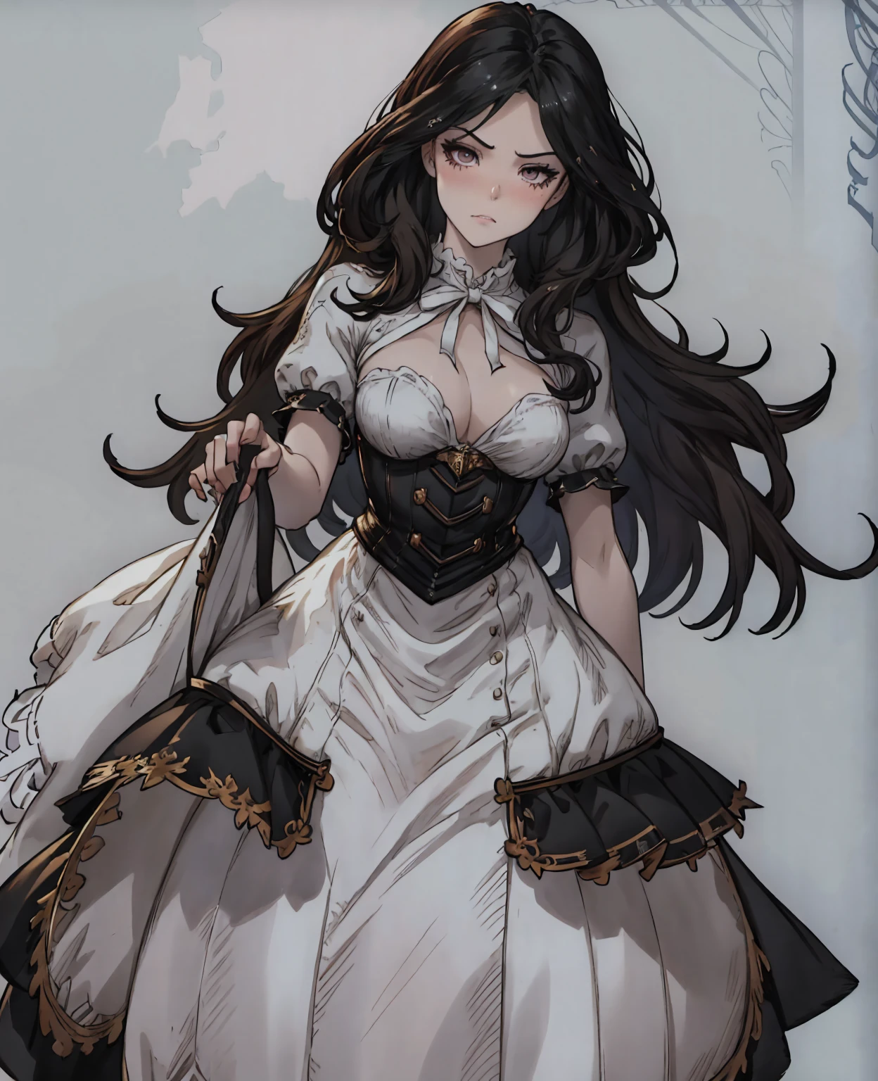 a girl with long black hair,pale white skin,dark beautiful eyes,doll-like face,concerned expression,maid uniform,highly detailed,photorealistic,dynamic lighting,dramatic colors,cinematic composition,intricate details,intricate fabric textures,hyper realistic,masterpiece,8k,best quality