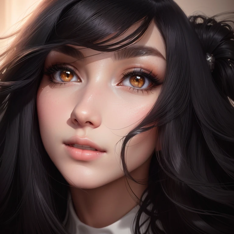 Beautiful woman with long black hair and a white shirt, big grey eyes,headshot profile picture, small lips pointy nose, smaller nose, septum piercing, the face of absurdly beautiful, detailed unblurred face, full - face close - up portrait, full face close up portrait, perfectly lit face