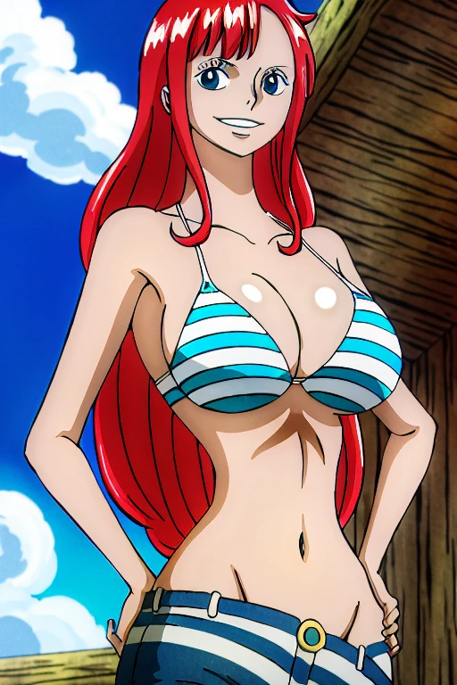 Redhead girl with bangs and long straight hair, curtain, blue colored eyes, big-ass, wide hip, small waist and big chest denim shorts and aqua green bikini with white stripes one piece style with good quality