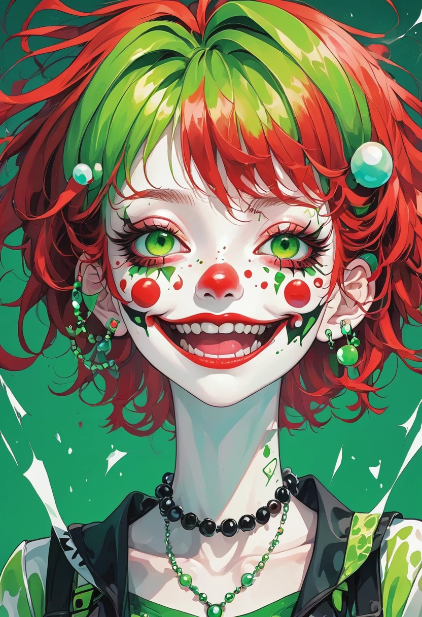 an anime female character with red hair and a green background, in the style of distorted and grotesque, clownpunk, i can't believe how beautiful this is, babycore, fragmented bodies, gothcore, official art