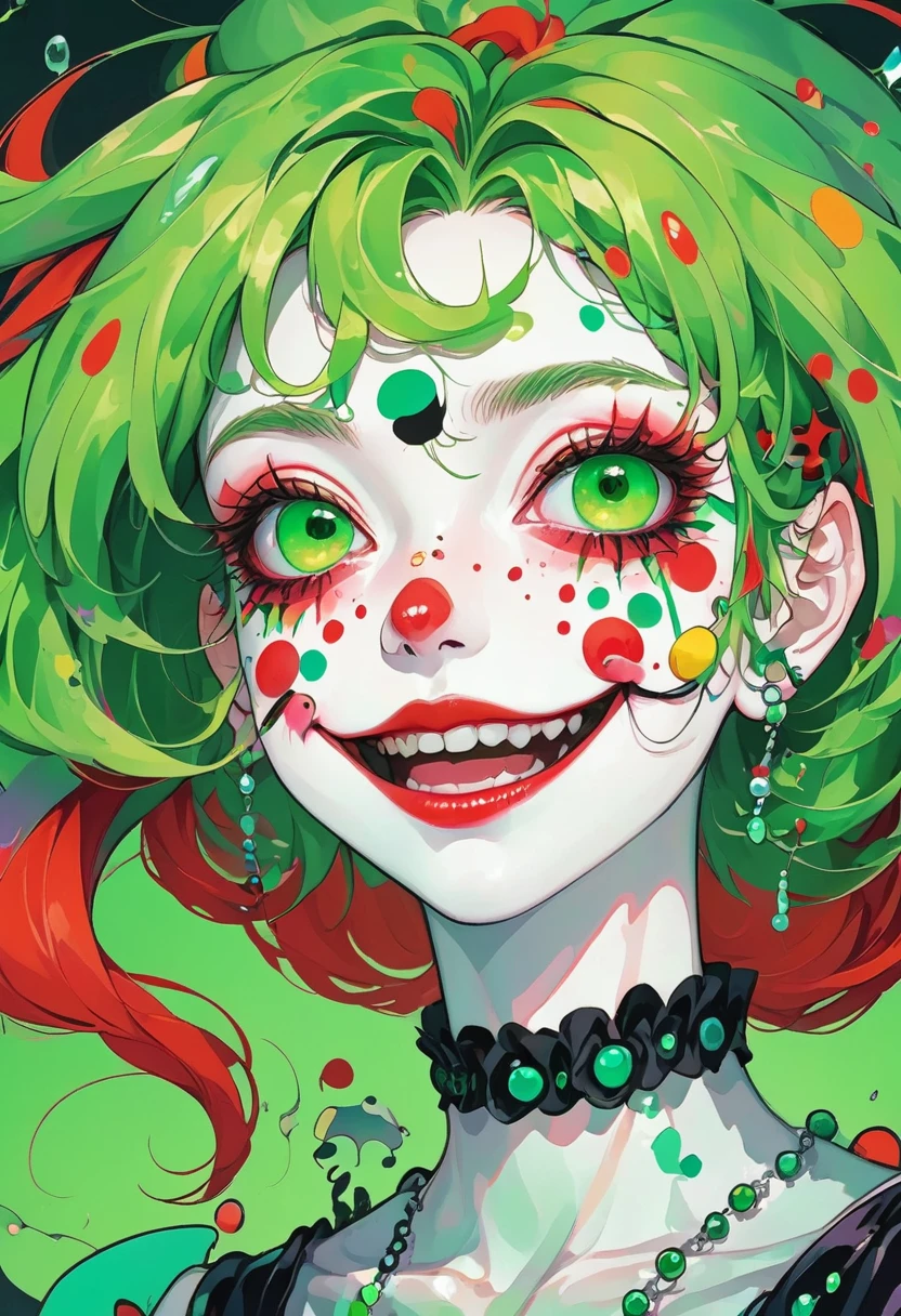 an anime female character with red hair and a green background, in the style of distorted and grotesque, clownpunk, i can't believe how beautiful this is, babycore, fragmented bodies, gothcore, official art