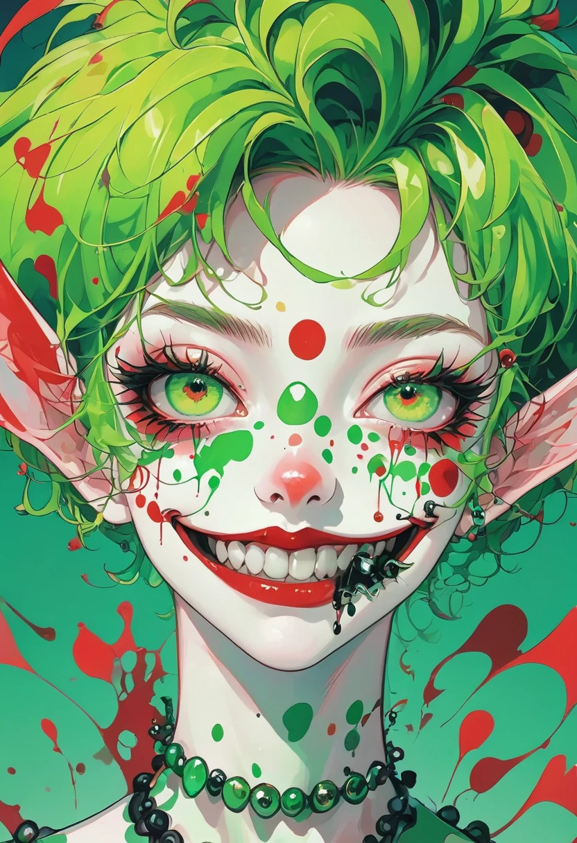 an anime female character with red hair and a green background, in the style of distorted and grotesque, clownpunk, i can't believe how beautiful this is, babycore, fragmented bodies, gothcore, official art