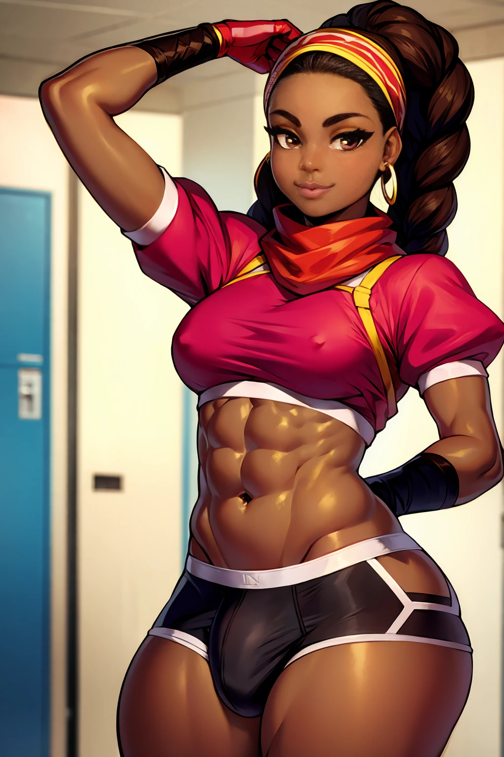 (solo:1.1),(masterpiece), (best quality:1.3), ultra detailed, intricate, professional art, digital art, absurdres, Kimberly, 1girl, solo, black hair, braided hair, long braids, two tone hair, slender body type, head proportionately sized to body, long legs, abs, full lips, beestung lips, African American, dark brown eyes, gold hoop earrings, smile, hair tie, dark brown skin, (dark brown skin:1.4), red underpants, Boxer Briefs, red short sleeved crop top, puffy sleeves, fingerless gloves, bandana scarf, medium breasts, wide hips, thick thighs, full lips, futanari, detailed thighs, genitalia outline on clothing, male genitalia, huge bulge, detailed male genitalia outline, erection under clothes, huge crotch bulge, detailed genitalia outline, BREAK, locker room, standing pose, BREAK frontal view, universal lighting, BREAK