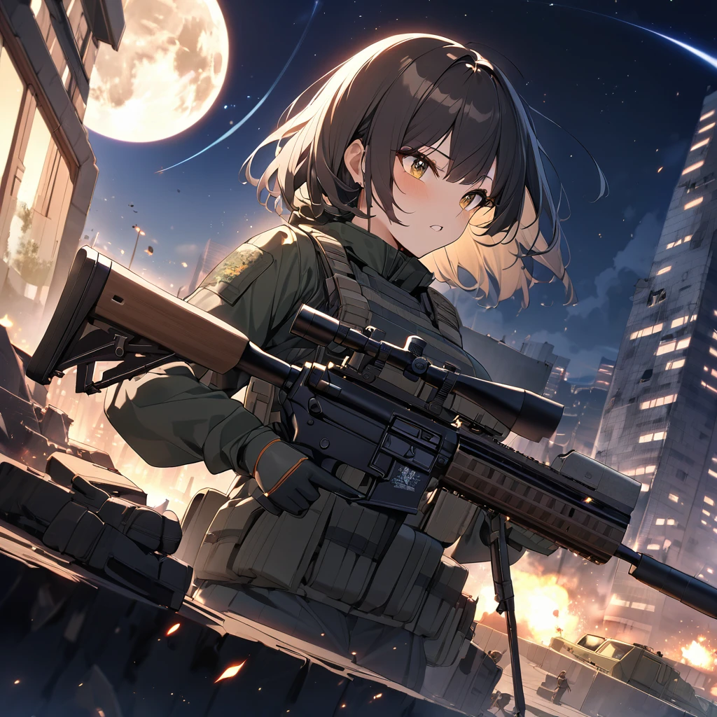 Highest quality, Highest quality, 16K, Unbelievably absurd, Very detailed, delicate and dynamic, Natural light, The particles reflect light, Diffuse reflection of light, Vortex of Light, war zone, bombs blusting around, dark outfield, ruined big city, roof top of ruined building, moon night, milky way, illumination, Create amazing image effects, Upper body close-up, (sole sexy girl, big Firm bust, , powerful, A professional sniper,, shooting a target with M16 auto rifle, swat uniform,)