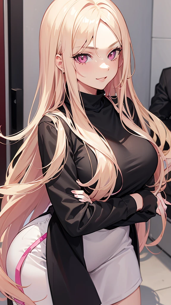 (((Adult woman))), pink eyes, (long blonde hair), black casual, smirk