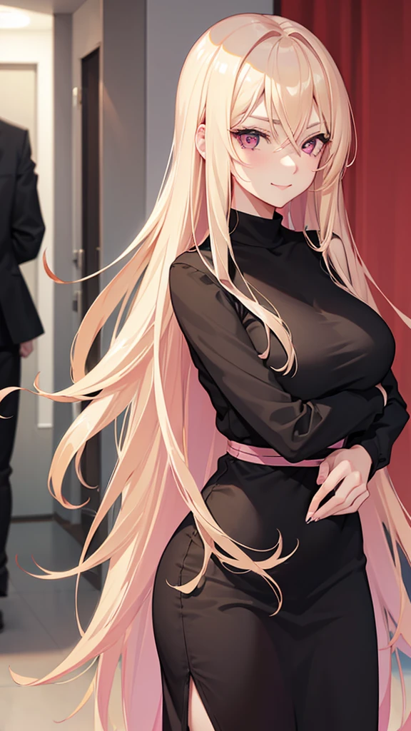 (((Adult woman))), pink eyes, (long blonde hair), black casual, smirk