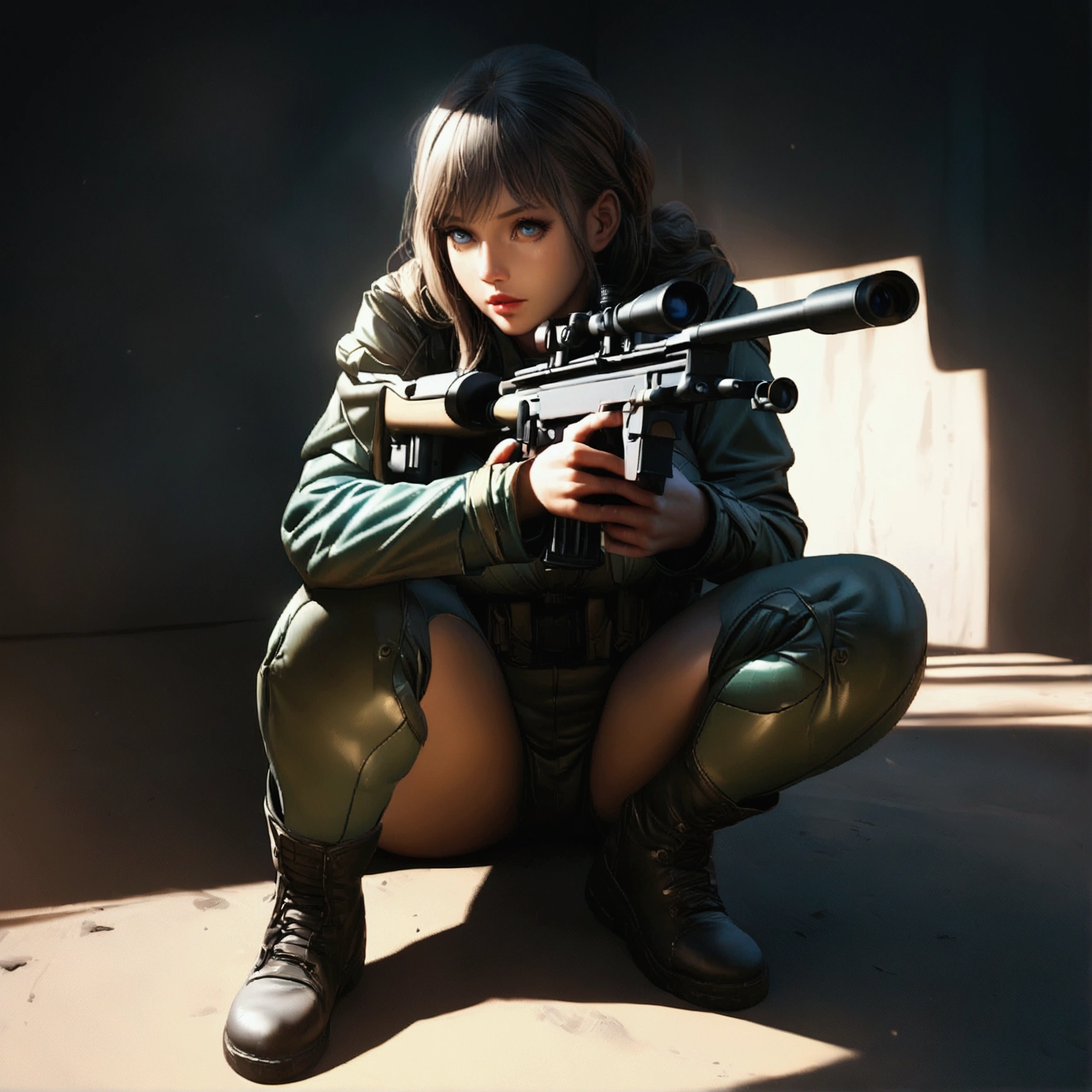 a highly detailed portrait of a busty female sniper holding a sniper rifle, beautiful eyes, detailed facial features, intricate sniper uniform, dramatic lighting, photorealistic, hyper detailed, 4k, cinematic, chiaroscuro lighting, dramatic shadows, moody atmosphere, military aesthetic, cold color tones, full body shot