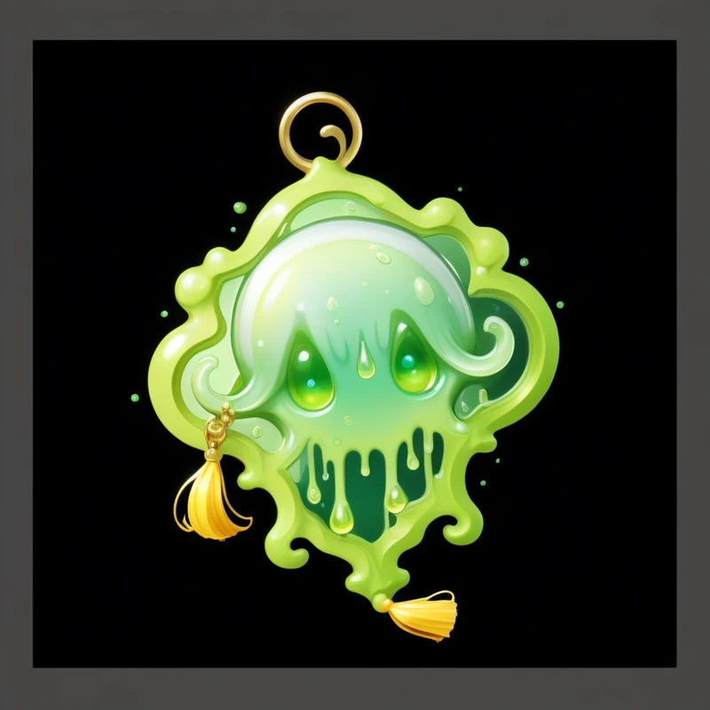 a green and yellow period with a tassel hanging from it, Rendering Art, Stylized game art, gelatinous green goop, Toxic slime, Stylized art, Green slime, Dofus, Victorian Era,jellyfish elements, period, jellyfish elements, Magic amulet, Toxic dripping water, Green slime dripping, Fantasy game spell symbols, Slime mold, Game assets