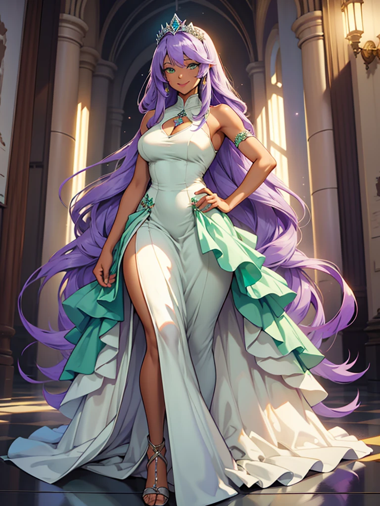((Best quality)), ((masterpiece)), top quality), standing alone, long purple lavender hair, mint green eyes, woman, hourglass figure, long purple dress, Caramel skin, light brown skin, cocky smile, wide hips, tiara