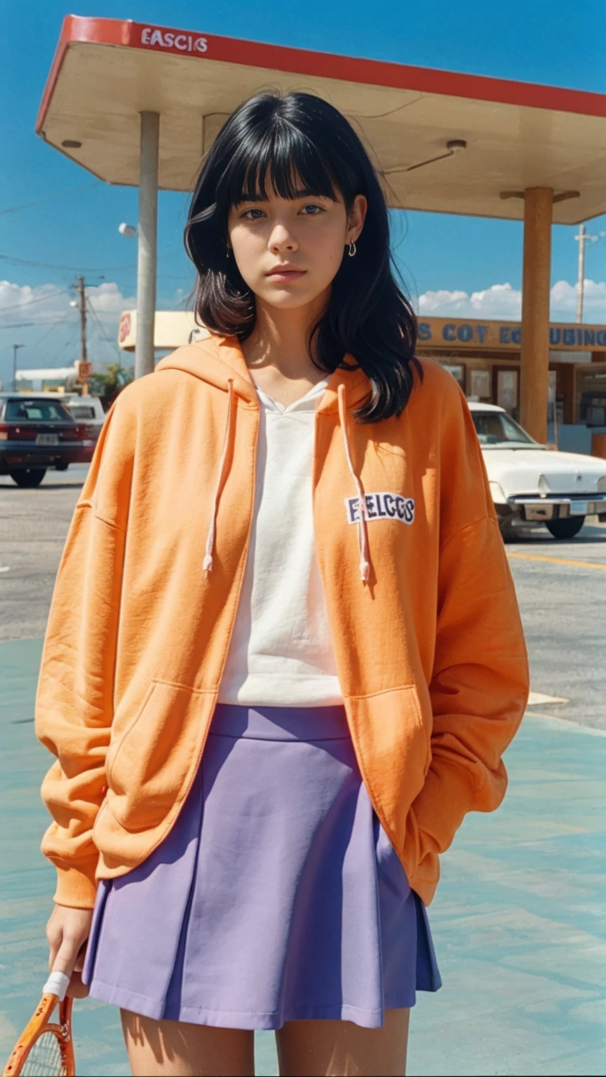 (medium shot portrait) one of cute 23 yo girl ,wear ((orange color oversized_hoodie)), wear ((purple tennis skirt)),looking front,Best Quality,Masterpiece,Ultra High Resolution,(Realisticity:1.4),Original Photo, 1Girl, light leak,ultra high resolution,UHD,beautiful, (black straight hair), almond eye, no makeup, in front of ((80's los angels colorful gas station)), (realistic:1.2), (surreal:1.3), (very detailed:1.1), ((masterpiece)),summer, blue sky, palm trees,sunny, los angles vibes,film camera, 800mm lens,style of Philip Lorca diCorcia