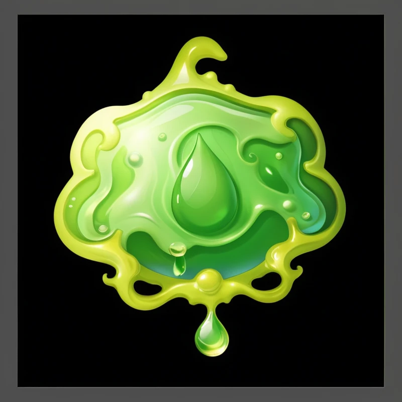 A green and，There is a drop of liquid on it, Fantasy game spell symbols, Rendering Art, gelatinous green goop, A bottle of health potion, Beautiful green liquid, full of greenish liquid, Magic amulet, Fantasy game spell icons, Magic spell icon, Stylized art, Translucent algae gorgeous, Stylized game icons, Mucus, green Mucus