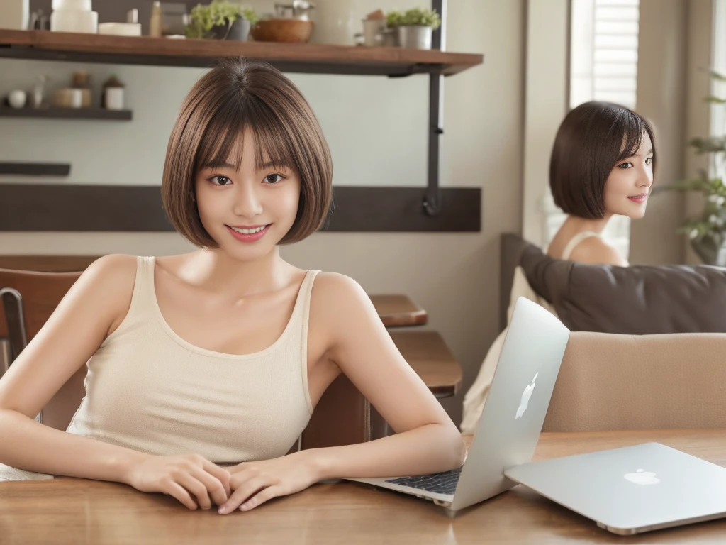 masterpiece, realistic, photorealistic, best quality, beautiful detailed, natural lighting, sharp focus, slim body, abs:1.2, small breasts, best quality real texture skin, Detailed beautiful delicate face and eyes, A beautiful 20-year-old Japanese woman with bob cut,(((searching the Internet on a MacBook at the dining table))), (Sitting in a chair), modern living room with industrial-style decor, including metal and leather furniture,  eyes open, looking at viewer, best quality real texture skin, Detailed beautiful delicate face and eyes, double eyelid, smile:1.2, white teeth:1.2, tank top:1.2, mini skirt:1.2,