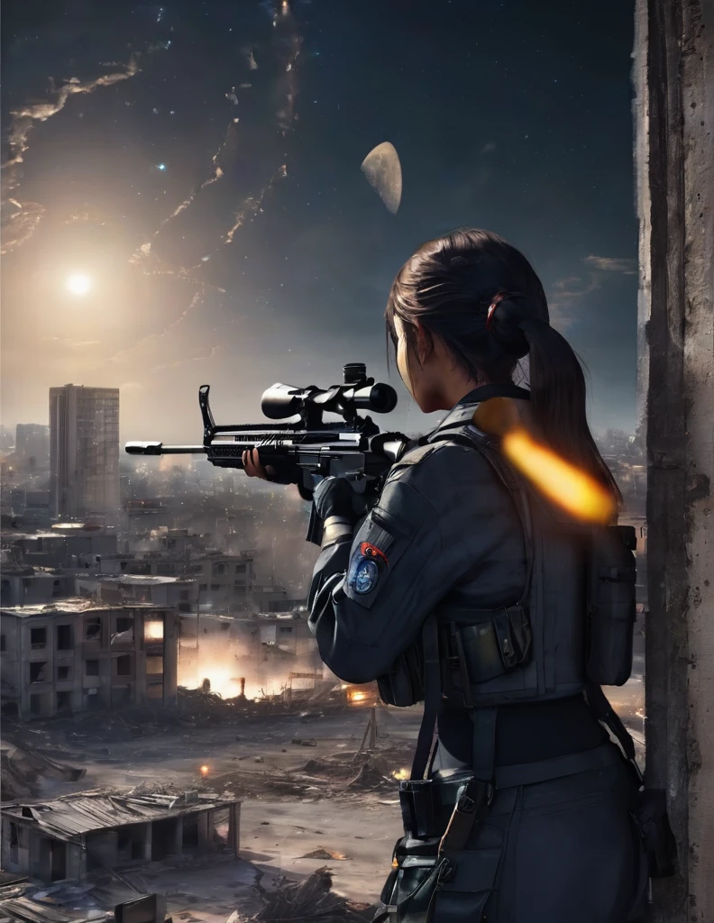 Highest quality, Highest quality, 16K, Unbelievably absurd, Very detailed, delicate and dynamic, Natural light, The particles reflect light, Diffuse reflection of light, Vortex of Light, war zone, bombs blusting around, dark outfield, ruined big city, roof top of ruined building, moon night, milky way, illumination, Create amazing image effects, Upper body close-up, (sole sexy girl, big Firm bust, , powerful, A professional sniper,, shooting a target with M16 auto rifle, swat uniform,)
