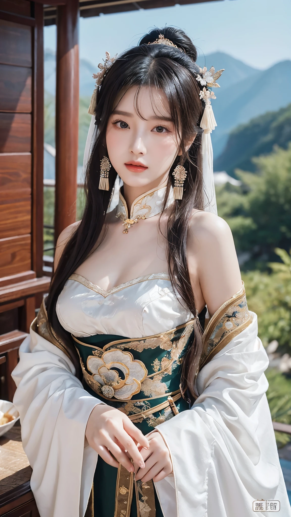 source_photo, realistic, nsfw, ruanyi0766, A portrait of a graceful Chinese maiden clad in an elegant Hanfu from the Northern and Southern Dynasties. The Hanfu's black dress boasts an off-shoulder neckline and flowing wide sleeves, complemented by exquisite jewelry. The backdrop showcases a picturesque ancient Chinese landscape.