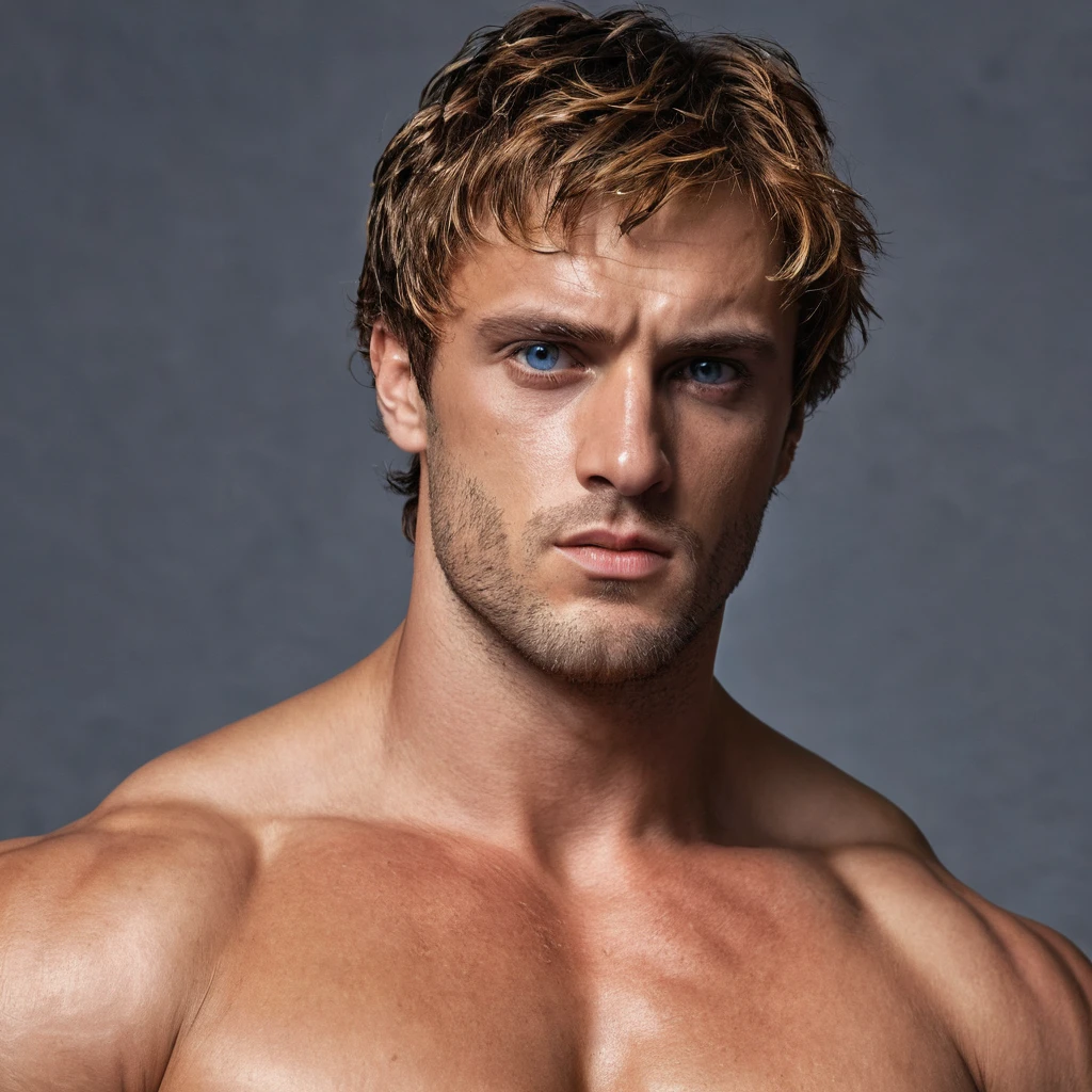 tmasterpiece, Best quality at best, 8K high resolution, absurd res, actual, grabbing own pecs, There are scars on the nose, Bright, sexy and charming eyes,eBlue eyeelancholy Look,1boys, Alone, short detailed hair, pectoral focus, large pecs, Be red in the face, , brunette color hair, Seven doppelgangers, Muscular, smooth and shiny,Naked,Royal gold,looking at viewert, roman emperor heliogabalus