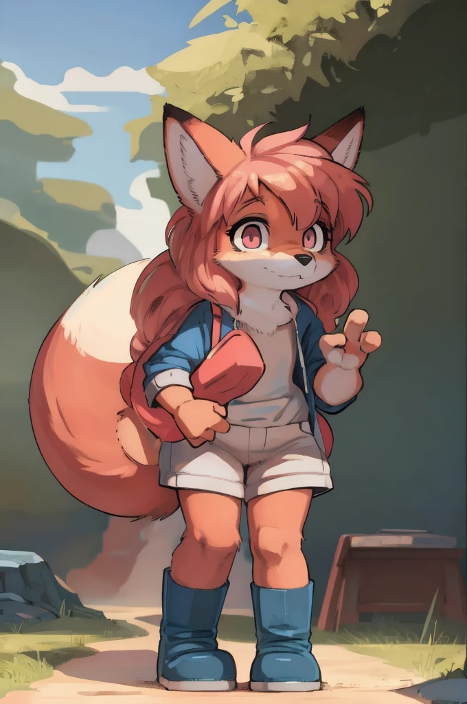 toddler, chibi, art by dagasi, Uploaded to e621.net, (Pixelsketcher), (wamudraws), (masterpiece), (HD), (high res), (feet visible), (furry anthro), (detailed fur), (detailed shading), (beautiful render art), pink hair, long hair, fluffy ears, (small snout:1.5), anthro, (toddler fox), furry, (light pink fur), fox ears, (simple eyes, pink eyes), [(slim figure, flat chest, skinny)], (curvy hips), light blue boots, wiggling his tail, 