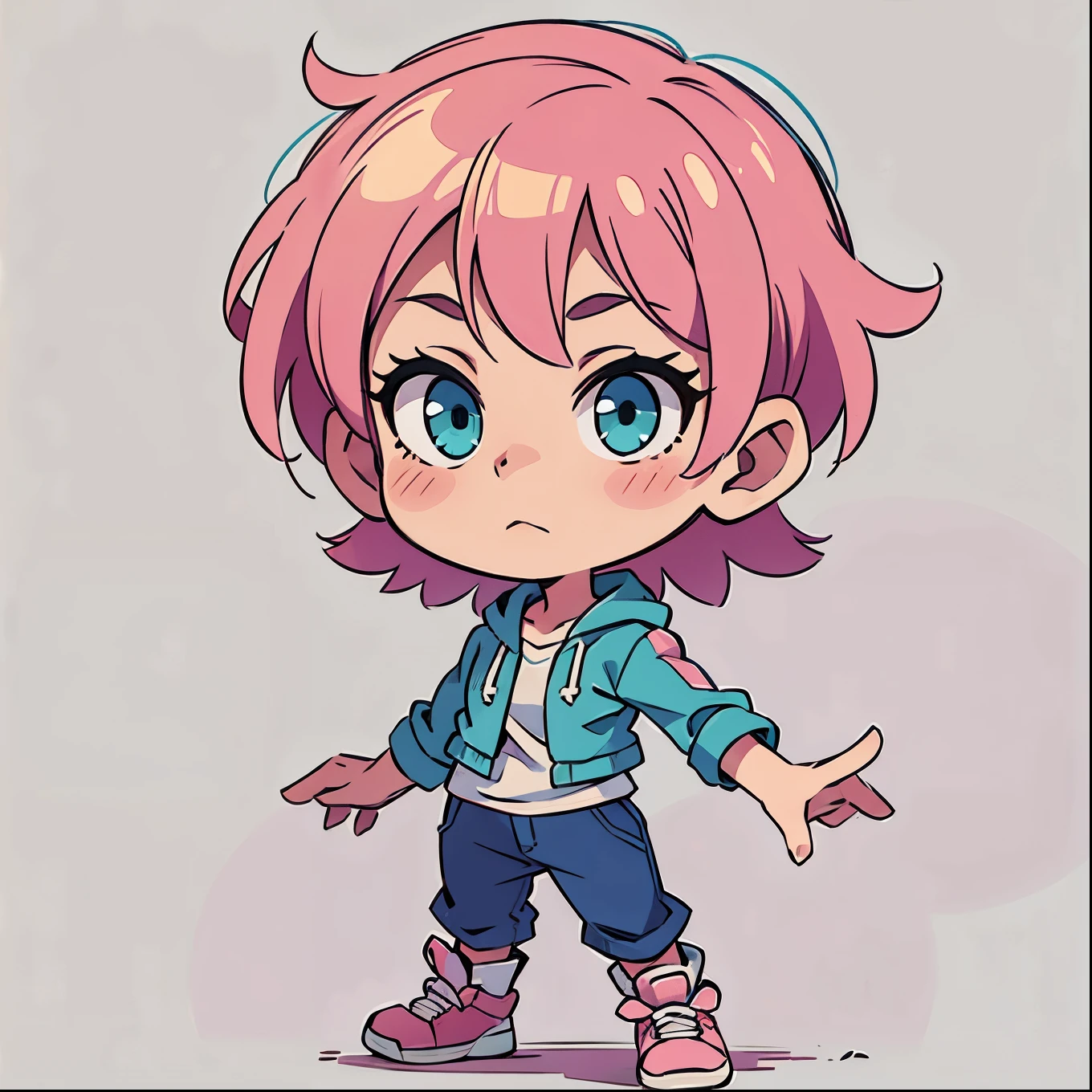 ((Quiet look))、Pink hair、short hair、Blue-green eyes、Simple clothes