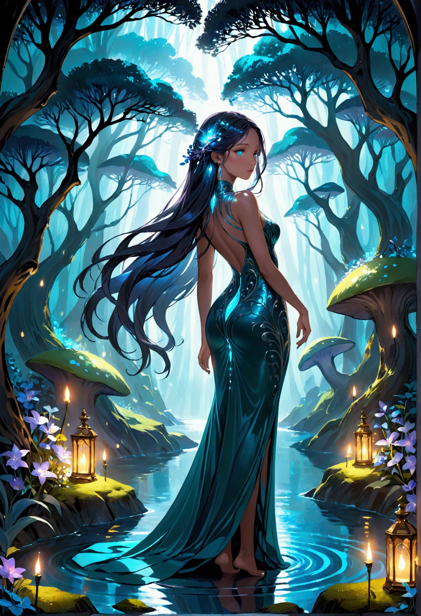 A mysterious and ethereal female figure, bathed in a soft, moonlit glow that enhances the rich tapestry of colors shimmering through her long, dark iridescent hair. It cascades down her back in waves, transitioning from deep blues to emerald greens and shimmering purples, reflecting the light in an otherworldly dance of shadows and luminescence. Her eyes, too, are iridescent pools of light, matching the vibrant spectrum of her hair and piercing through the night with an intensity that seems almost supernatural. They sparkle with a knowing wisdom and an ancient allure that speaks of secrets untold. Her hourglass figure is accentuated by a form-fitting, iridescent gown that clings to her curvaceous silhouette, the fabric appearing almost liquid in its fluidity and reflecting the same mesmerizing array of colors found in her hair and eyes. The gown's neckline is a delicate crescent, revealing a hint of her flawless, alabaster skin, which contrasts dramatically with the dark hues that envelop the rest of the image. She stands with the grace of a gazelle, one hand gently resting on the trunk of a glowing willow tree, the other holding a bouquet of moonlit flowers that seem to whisper their secrets to her. The scene is set in an enchanted glade, with luminescent mushrooms and bioluminescent plants casting a gentle glow across the velvety moss beneath her bare feet. The overall effect is one of enchantment and intrigue, inviting the viewer to step into a realm where beauty and magic coalesce in a symphony of light and shadow.