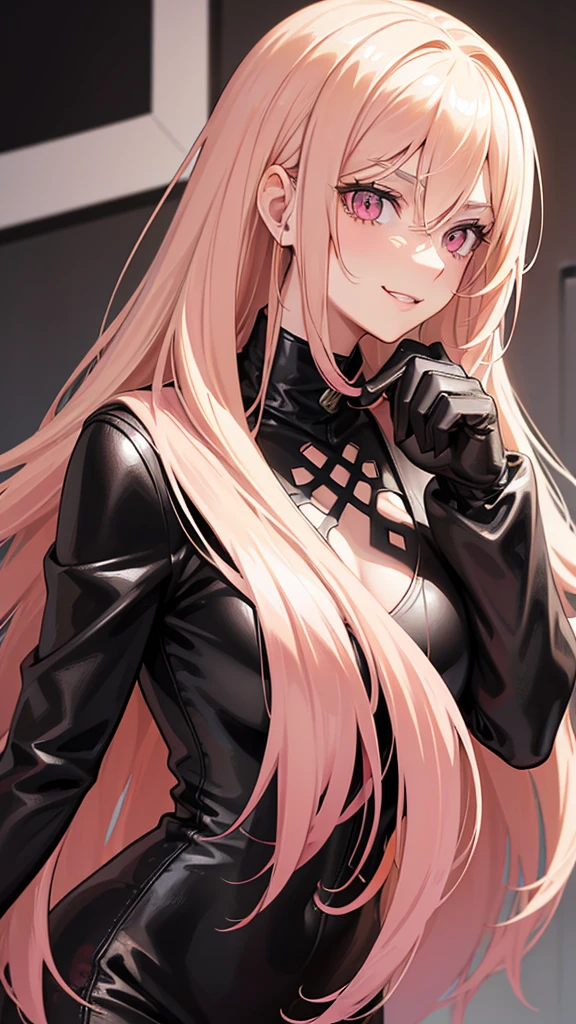 (((Adult woman))), pink eyes, (long blonde hair), black leather clothes, smirk