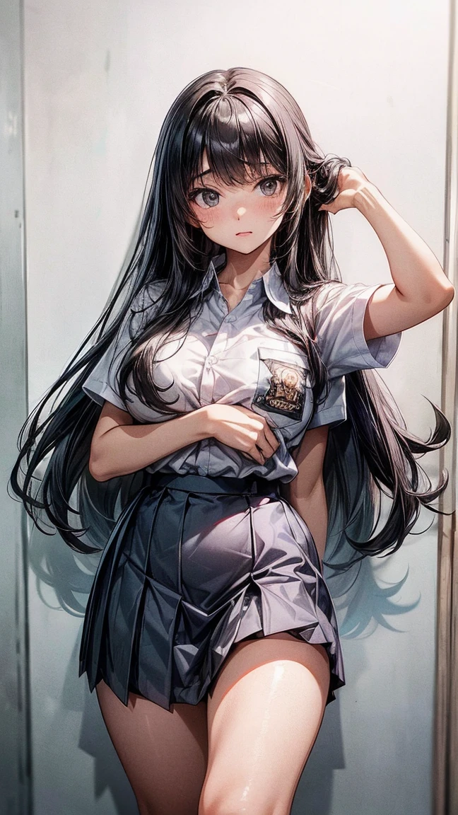 1 woman, 16 years old, full fringe long hair, voluptuous body, black eyes, Indonesian high-school uniform, white shirt, osis logo on shirt pocket, large breasts, grey pleated skirt, half-shot, innocent, 